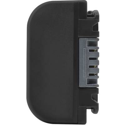 Pièce de rechange en plastique noir avec connexions métalliques à droite, probablement un adaptateur électrique ou une batterie pour un appareil.