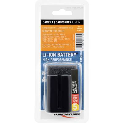 Batterie Lithium-Ion noire en blister d'Ansmann, compatible avec les appareils photo Sony. Point fort : '3 ans de garantie'.