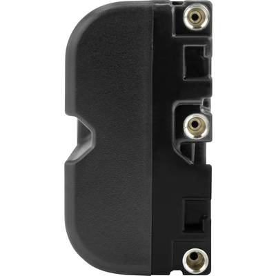 Un appareil électronique noir avec trois prises dorées, disposées verticalement sur le côté droit.
