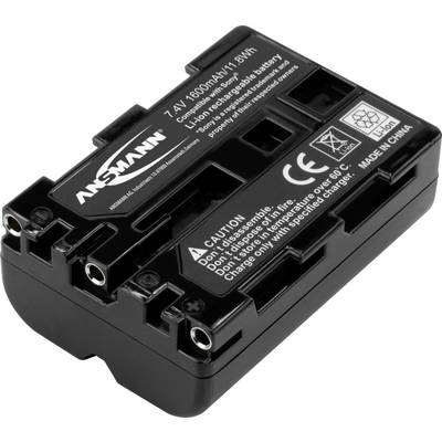 Une batterie lithium-ion rectangulaire noire d'Ansmann de 7,4V et 1600mAh. Les avertissements de sécurité et le marquage CE sont visibles.