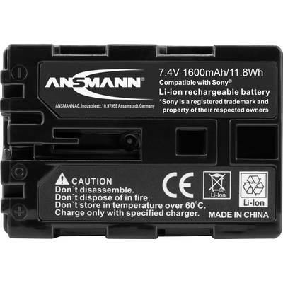 Batterie noire avec texte blanc : 7,4 V 1600 mAh/11,8 Wh, compatible avec Sony. Avertissements : Ne pas démonter, ne pas jeter au feu.