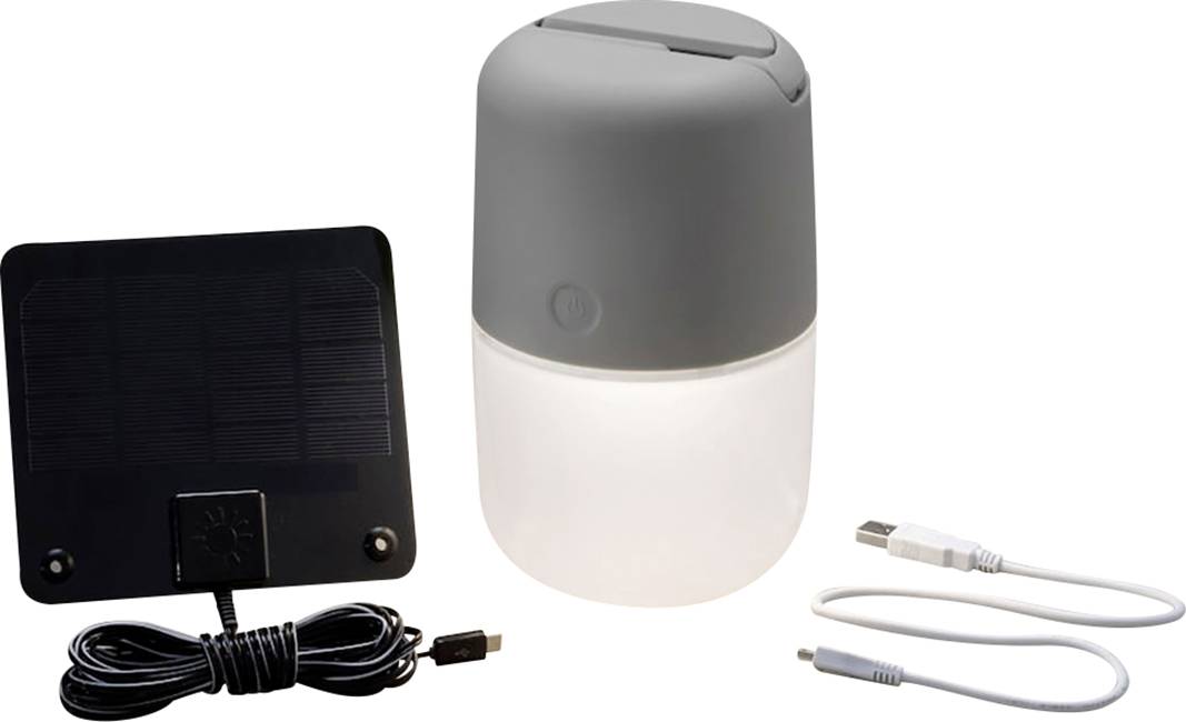 Lampe LED solaire avec panneau solaire amovible, câble de charge USB et câble adaptateur. Adaptée pour un éclairage écologique.