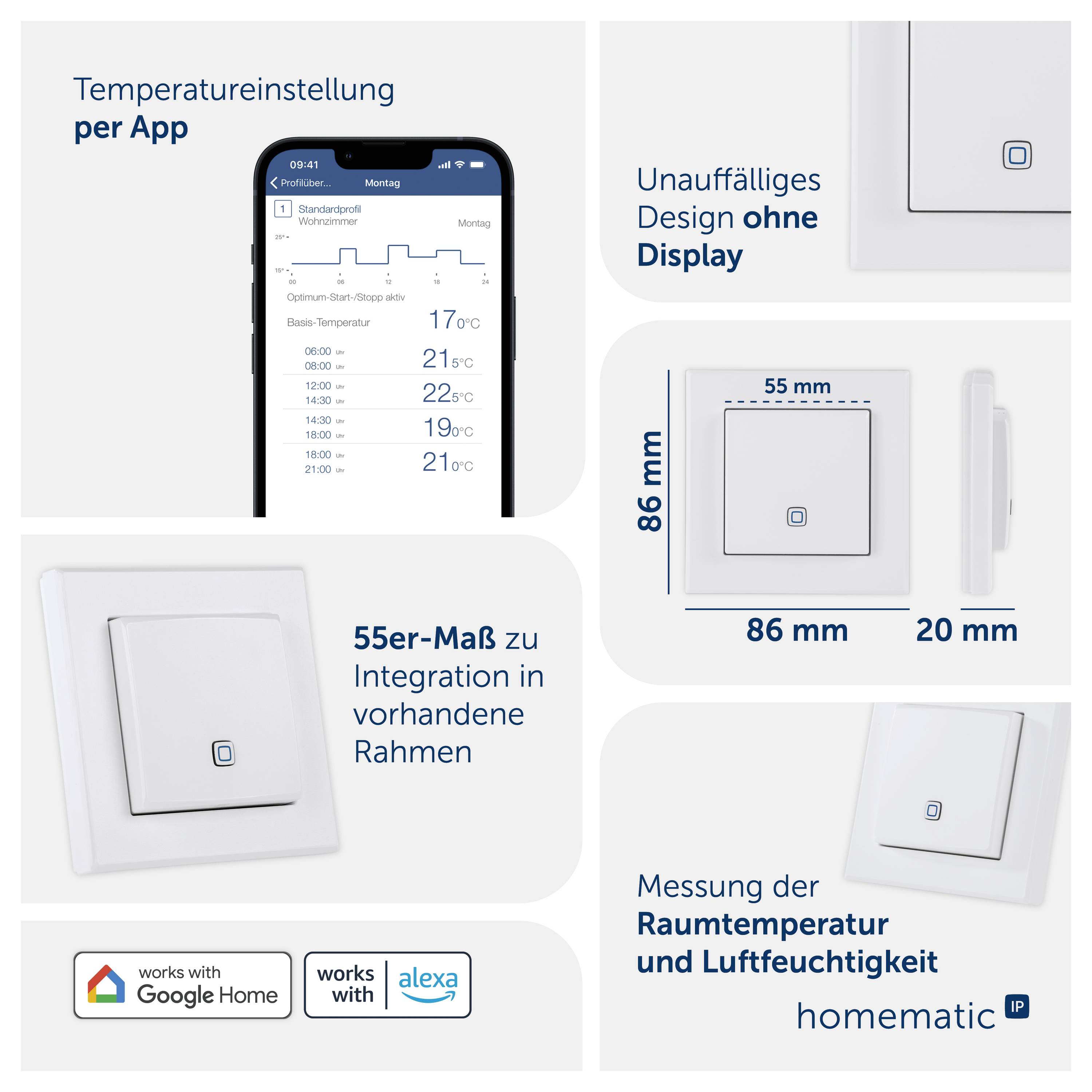 Publicité graphique pour Homematic : Thermostat/Contrôle via application, design discret des années 55 sans affichage, dimensions 86 x 86 x 20 mm, mesure de la température ambiante et de l'humidité de l'air.