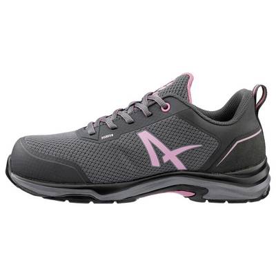 Baskets de sport gris et rose présentées en vue latérale, avec semelle noire et tige en mesh.