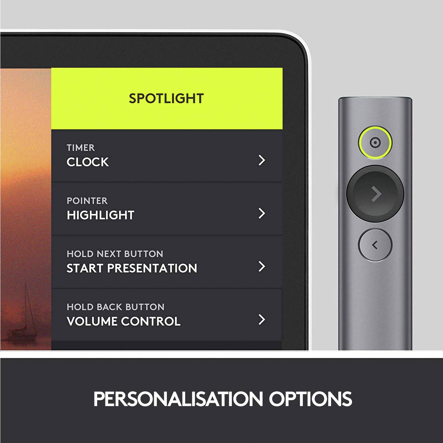Interface 'Spotlight' sur tablette avec options : 'Minuterie', 'Pointeur', 'Démarrer la présentation', 'Maintenir le bouton Suivant', 'Maintenir le bouton Précédent'. À côté, télécommande avec boutons.