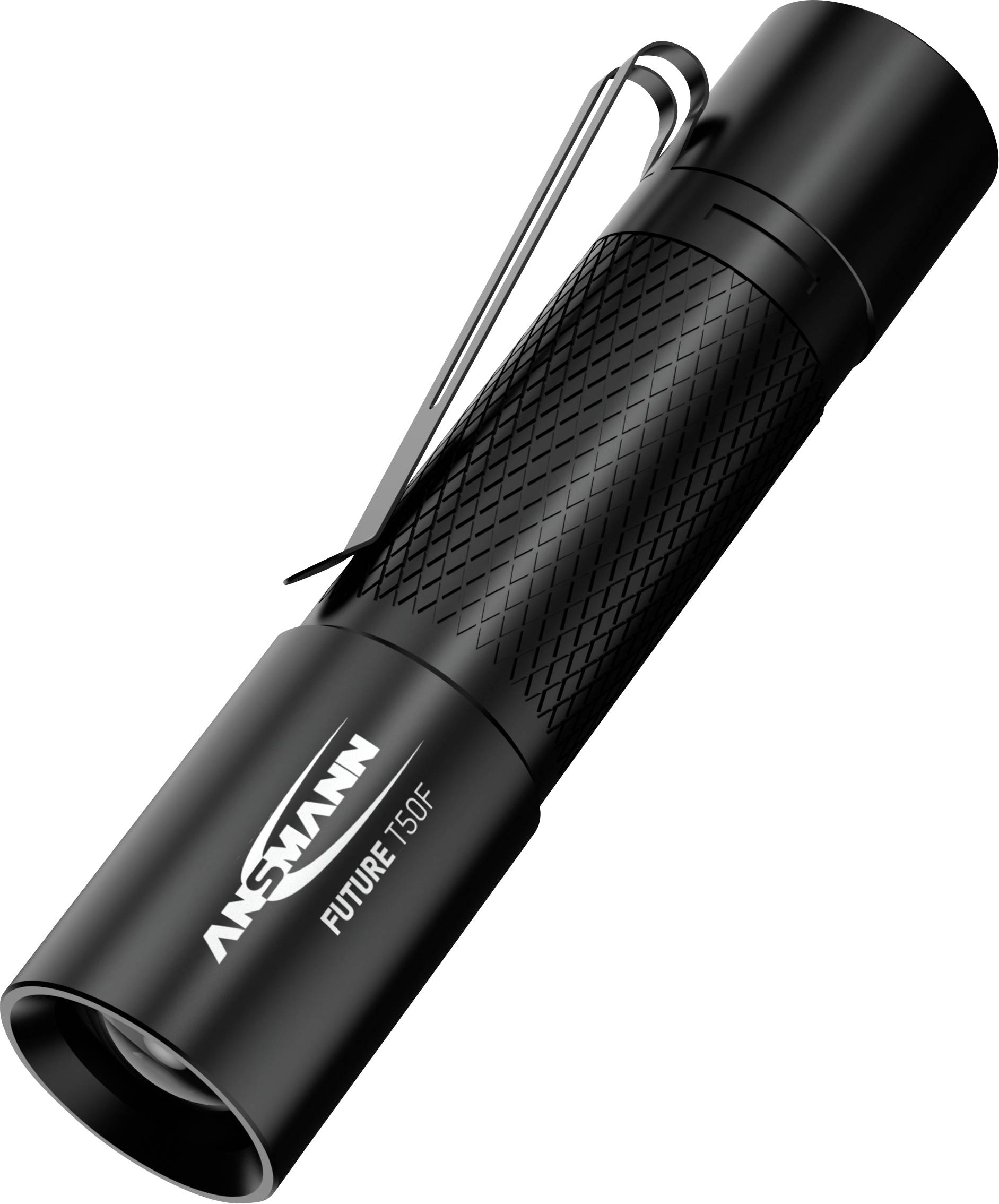 Lampe de poche noire avec clip et poignée striée. Logo 'Ansmann' et nom de modèle 'Future T150F' imprimés sur le boîtier.