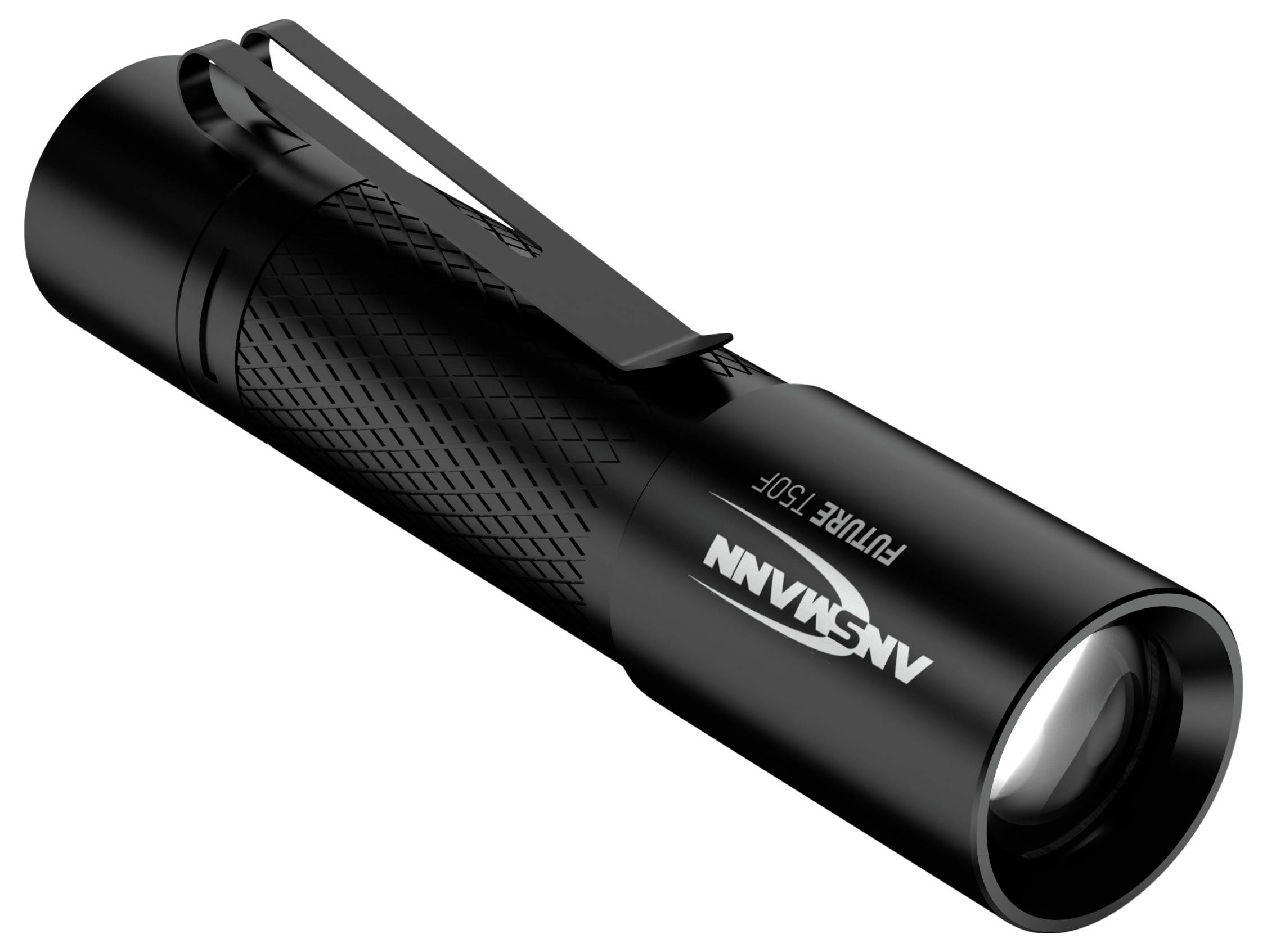 Lampe de poche en noir avec clip, portant les inscriptions 'ANSNANN' et 'FUTURE T150F'. Elle est compacte et dispose d'une surface texturée.