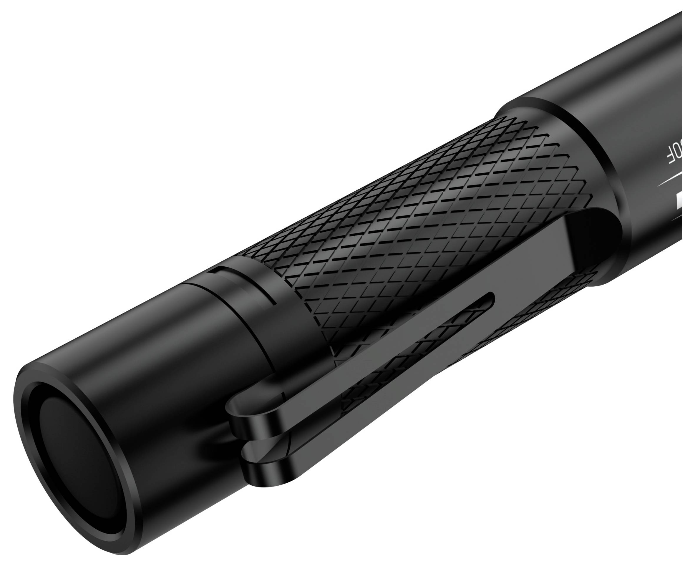 Lampe de poche noire avec poignée texturée et clip de ceinture, montrant la partie arrière de l'appareil.
