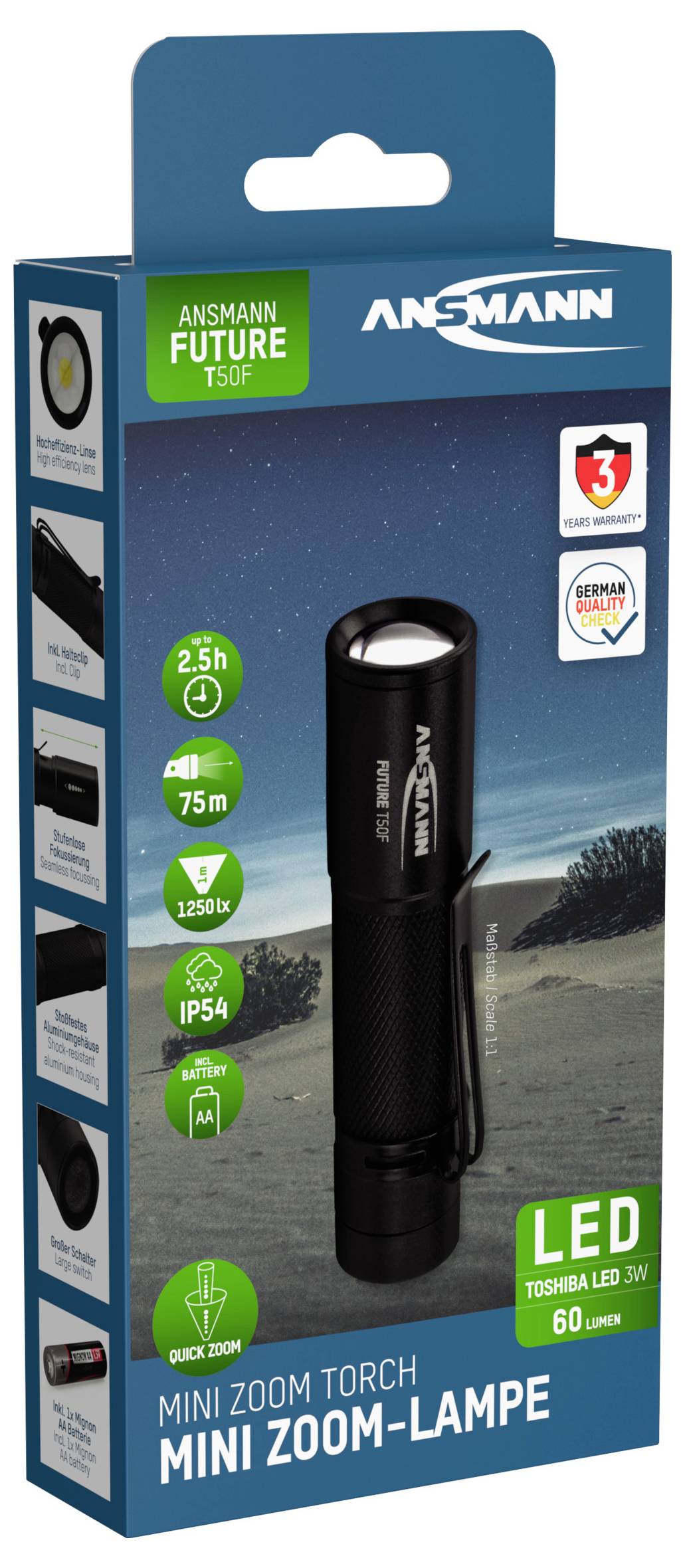 Emballage d'une lampe mini-zoom de la marque Ansmann. Détails : autonomie de 2,5 h, 1250 lumens, protection IP54, technologie LED.