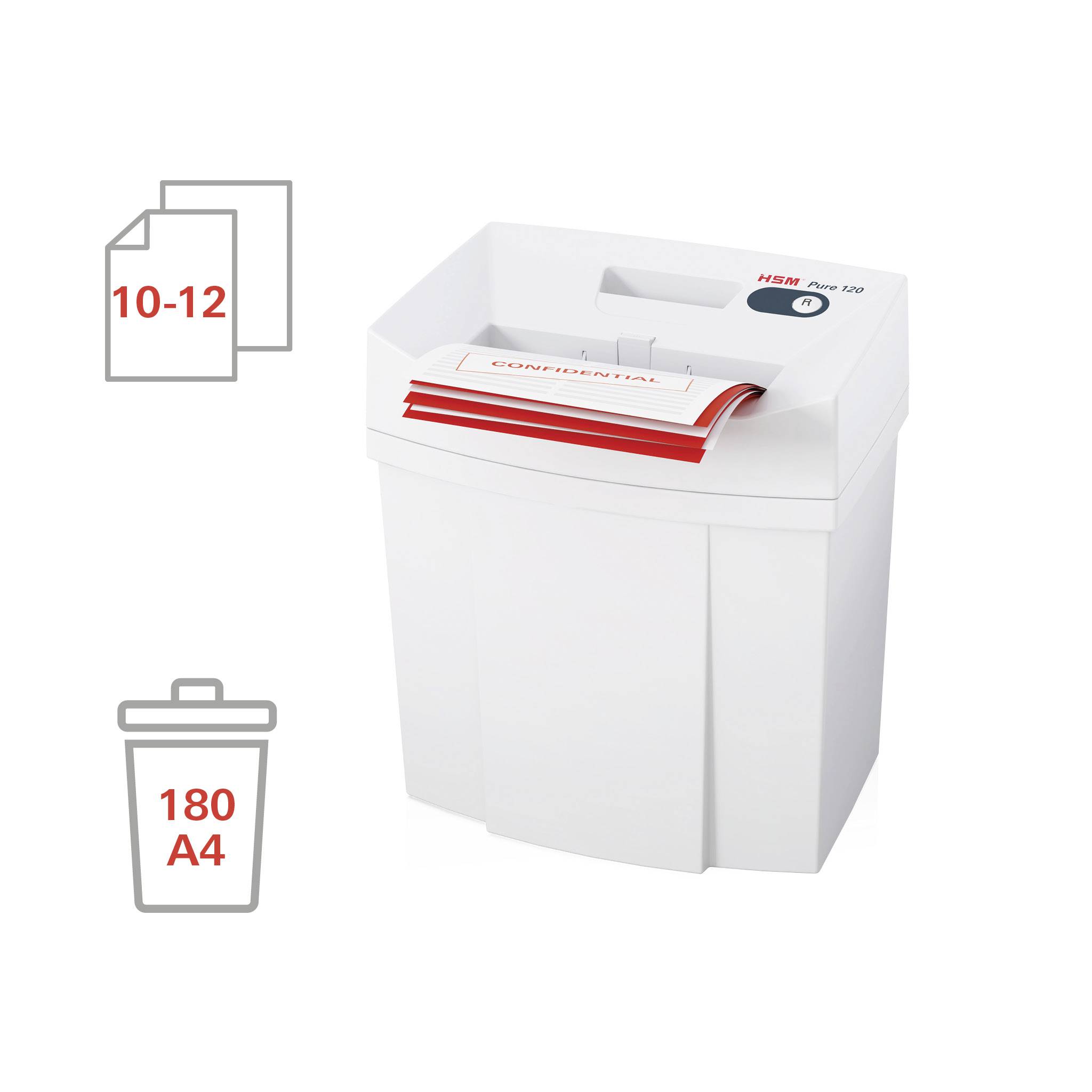 Un destructeur de documents blanc pour 10-12 feuilles, avec un couvercle marqué en rouge, qui transforme les documents en petits morceaux de papier dans un bac de 180 pages A4.