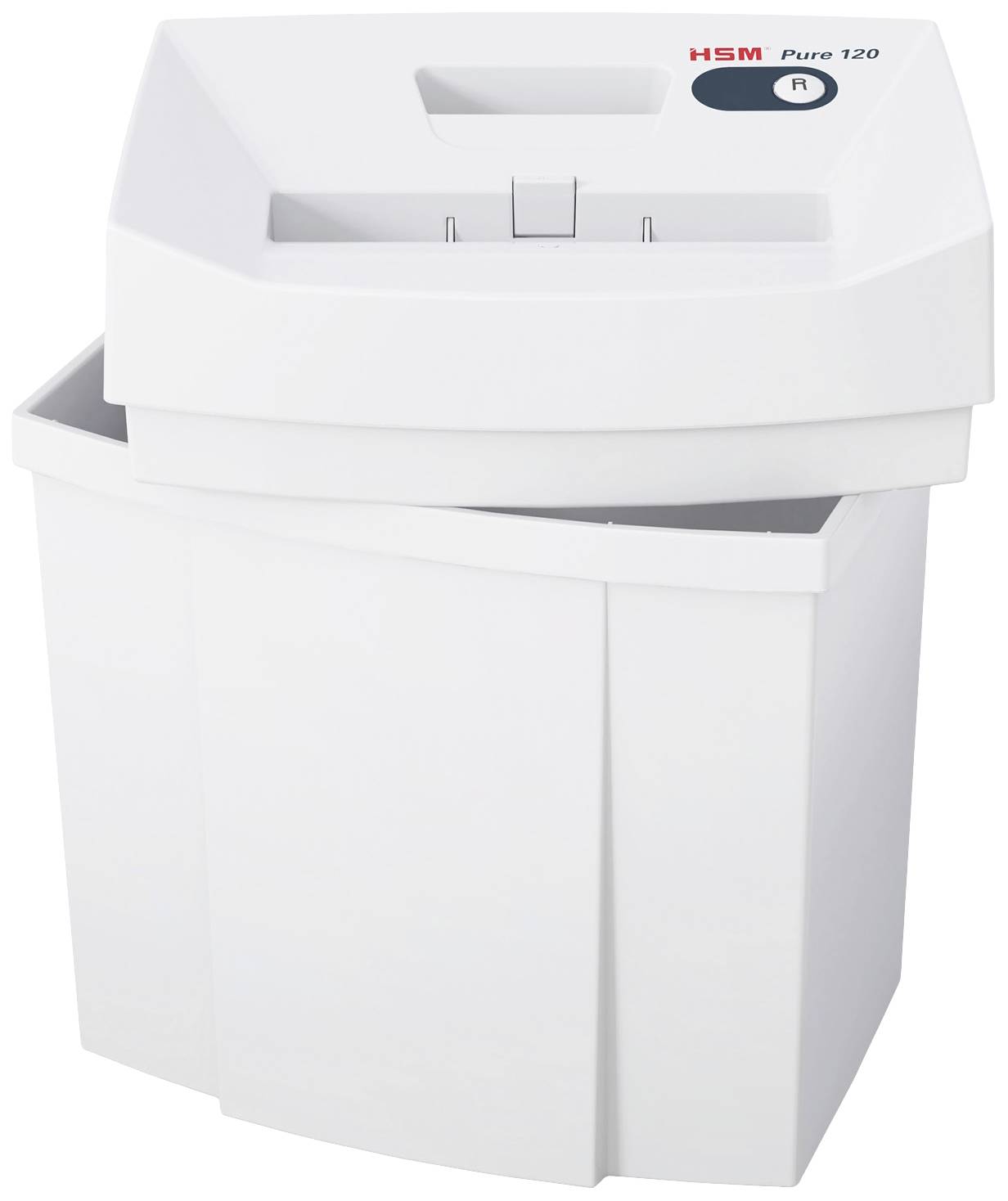 Un destructeur de documents blanc de la marque 'HSM Pure 120'. Il possède un boîtier rectangulaire avec un bac de récupération amovible.