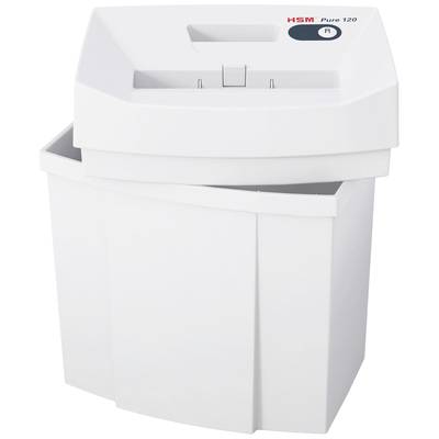 Un destructeur de documents blanc de la marque 'HSM Pure 120'. Il possède un boîtier rectangulaire avec un bac de récupération amovible.