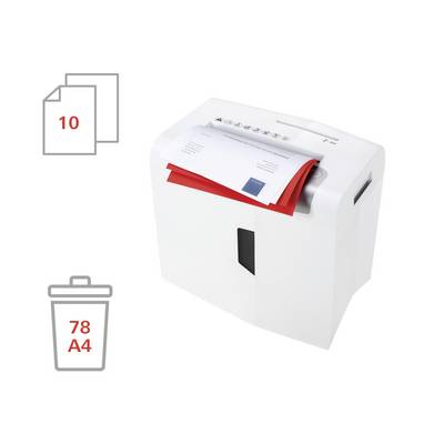 Un destructeur de documents blanc déchiquette des papiers rouges et blancs. Des symboles dans le coin gauche indiquent '10 feuilles' et '78 A4'.