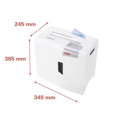 Un destructeur de documents blanc avec du papier, sur lequel sont mis en évidence les dimensions de 245 mm de hauteur, 385 mm de longueur et 345 mm de largeur.