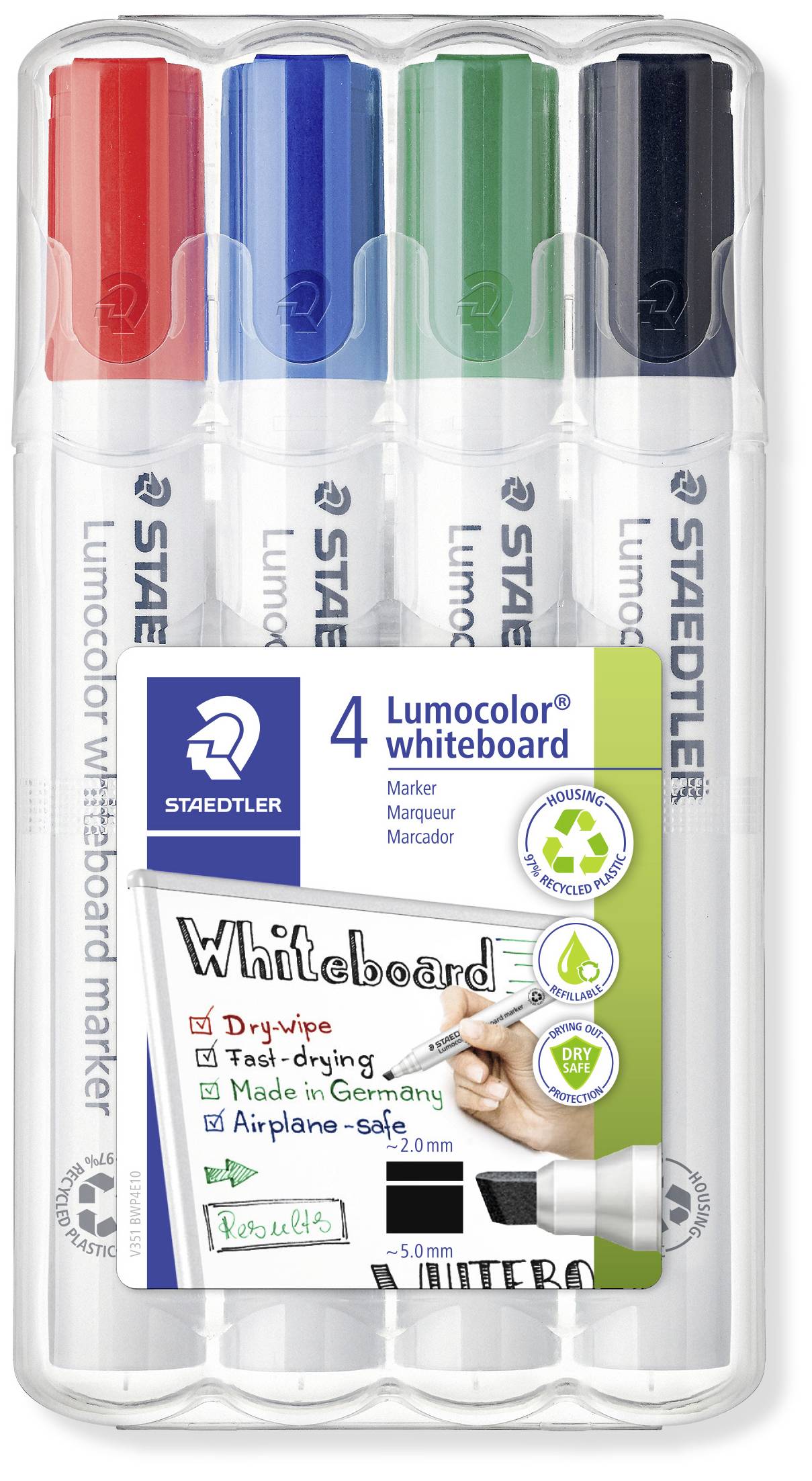 Quatre marqueurs pour tableau blanc Lumocolor dans les couleurs Rouge, Bleu, Vert et Noir, conditionnés dans un étui en plastique transparent.