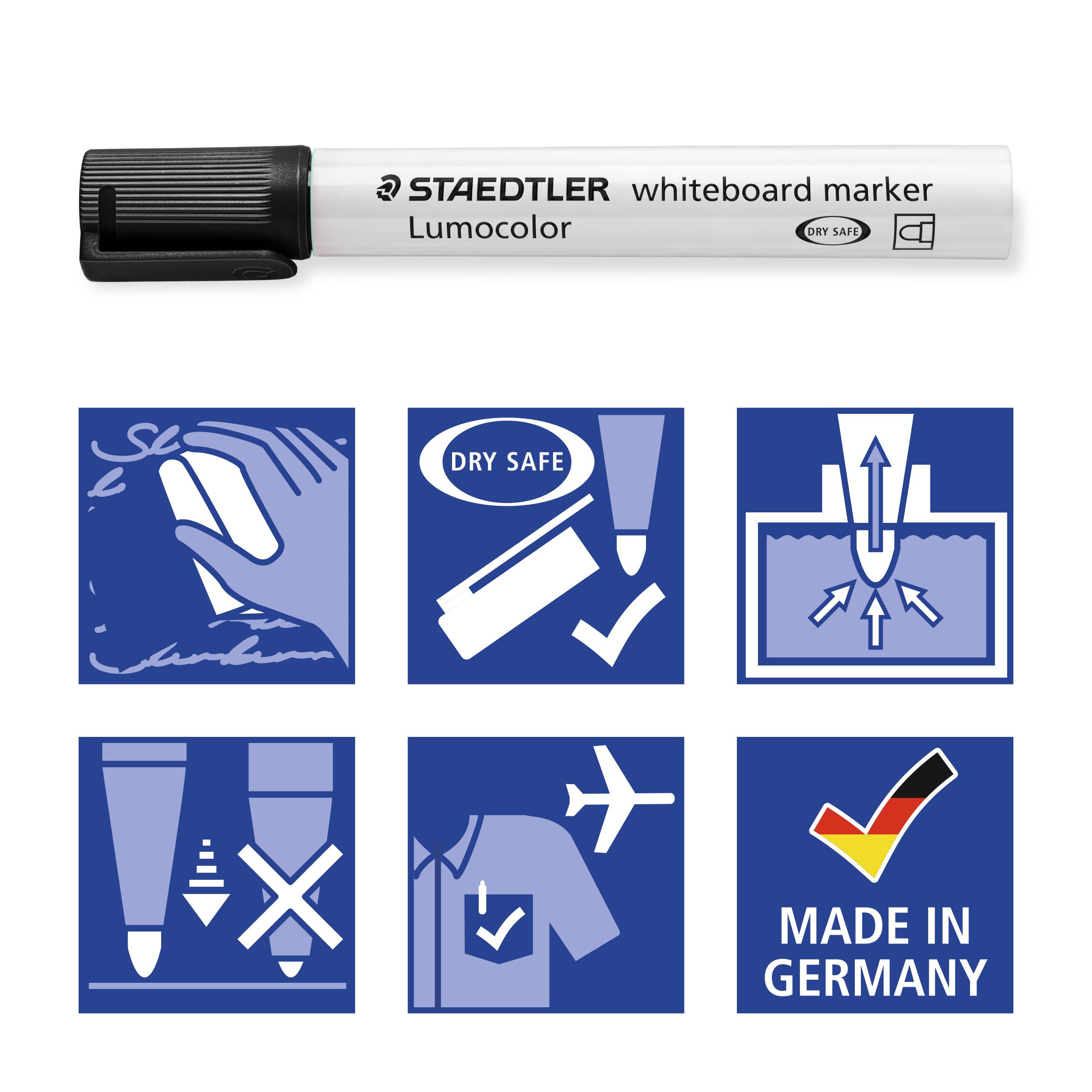 Un marqueur pour tableau blanc STAEDTLER blanc avec capuchon noir. Six pictogrammes illustrent des fonctionnalités telles que 'Dry Safe', 'Made in Germany'.