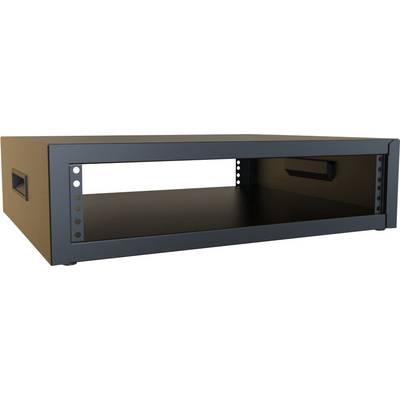Boîtier de rack métallique noir de 19 pouces, ouvert à l'avant et doté de poignées latérales, adapté aux équipements électroniques.