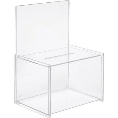 Une boîte de vote transparente en acrylique avec une fente sur le dessus pour insérer des bulletins de vote ou des soumissions. La boîte est vide et est placée sur un fond uni.