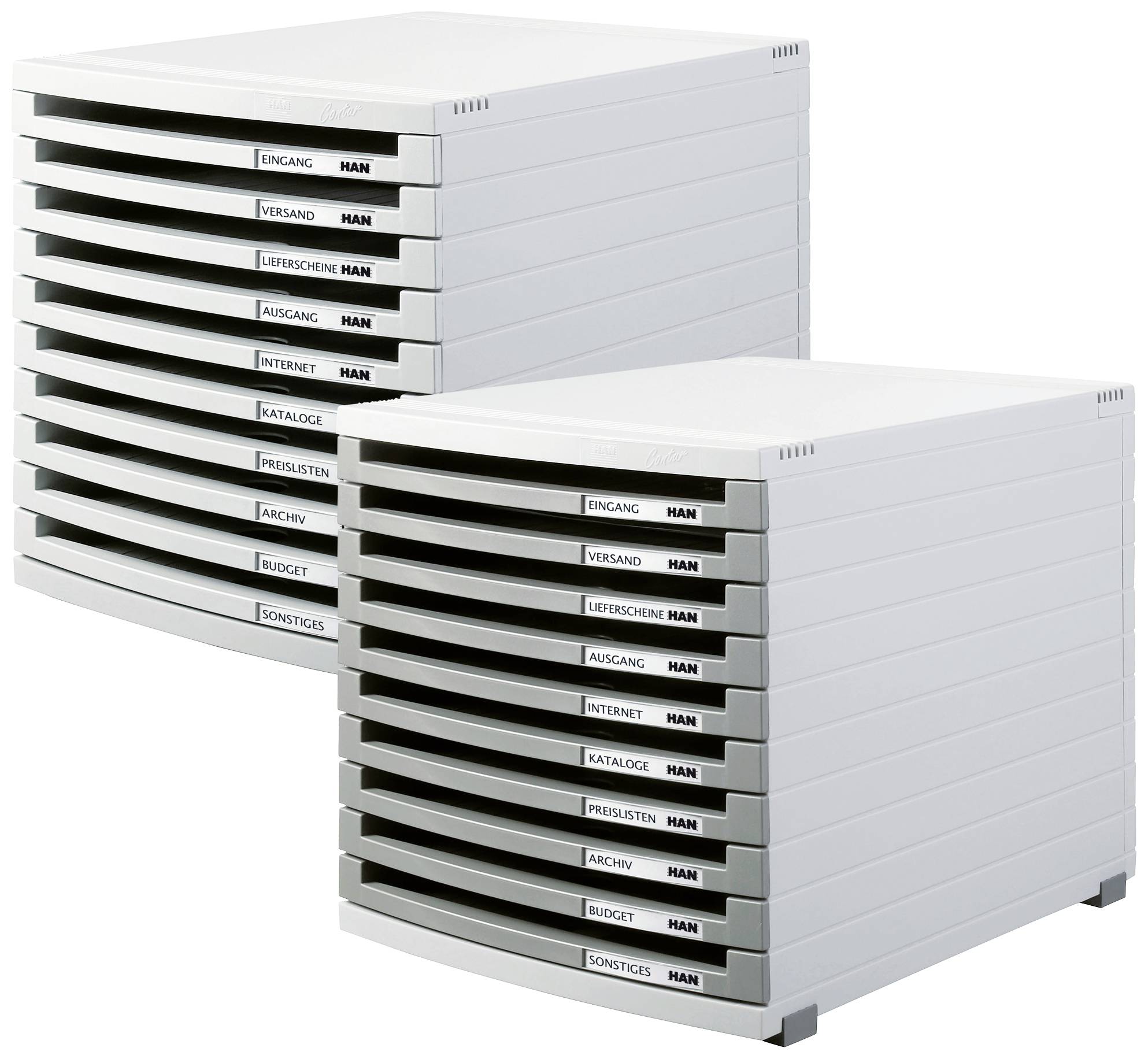 Deux classeurs gris à tiroirs multiples, étiquetés 'Entrée', 'Expédition', 'Internet', 'Catalogues', etc., pour l'organisation des documents.