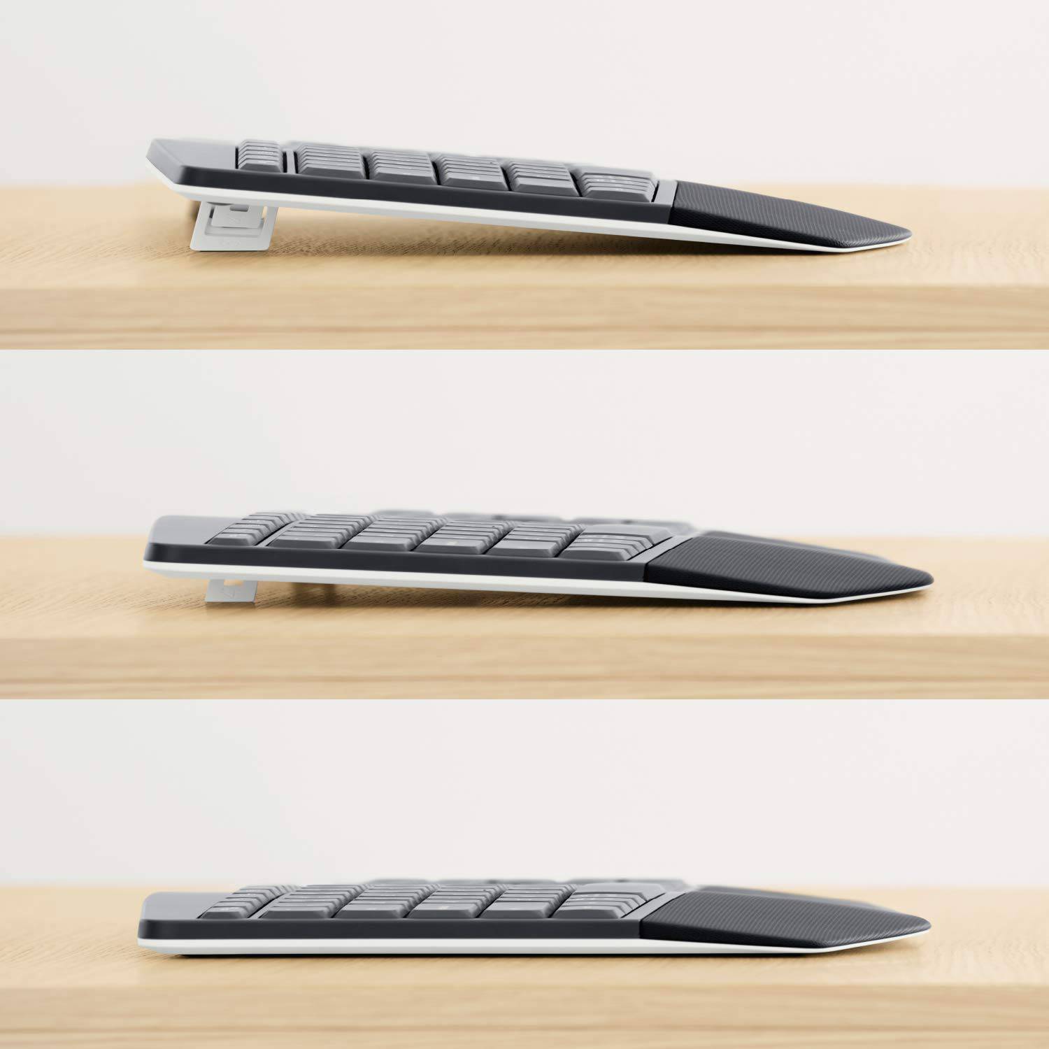 Trois prises de vue d'un clavier sur une table en bois, réglées à des hauteurs différentes, démontrent la flexibilité des pieds du clavier.