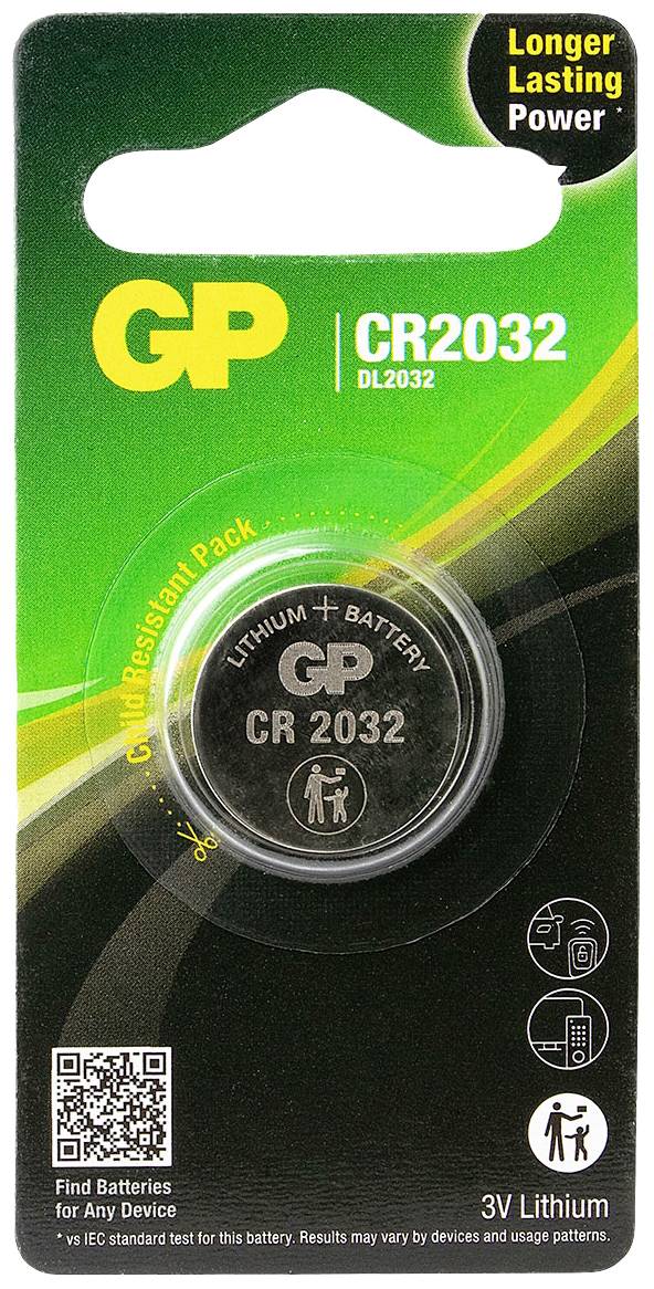 Emballage d'une pile bouton au lithium 3V GP Ultra+ CR2032, verte avec une poignée de transport blanche et les indications « Ultra+ » et « +80% EXTRA LIFE » ; la batterie est illustrée au bas de l'emballage.