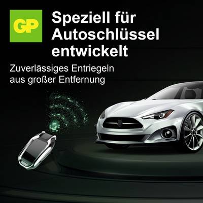 Annonce publicitaire pour GP : Porte-clés spécial pour clés de voiture promettant un déverrouillage fiable à grande distance ; présenté avec voiture et signal radio.