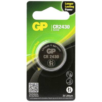 Emballage d'une pile bouton lithium GP Ultra+ CR2430 3V, design gris-vert avec nom du produit et mention « Longer lasting power ».