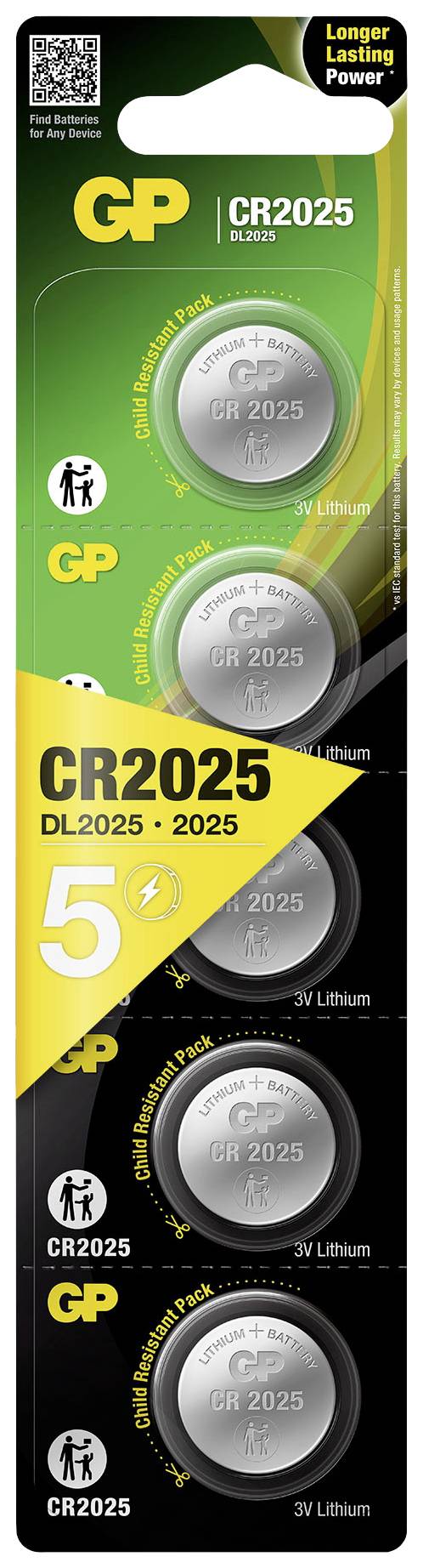 Lot de 5 piles GP CR2025, lithium 3V, dans un emballage jaune et noir. La partie supérieure met en avant : 'Durée de vie prolongée'.