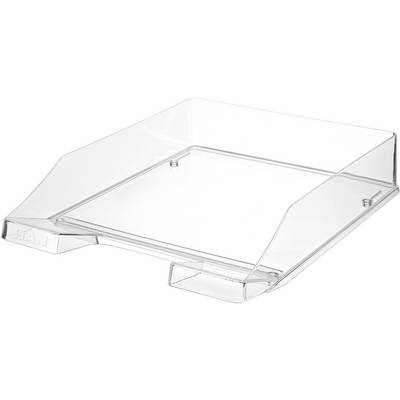 Corbeille à courrier transparente en plastique, de forme rectangulaire, inclinée vers l'avant, destinée au rangement des papiers et documents.