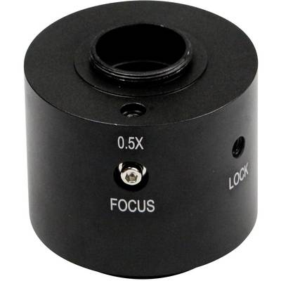 Adaptateur d'objectif de caméra noir portant les inscriptions '0,5X', 'FOCUS' et 'LOCK', destiné à être fixé sur des appareils optiques.