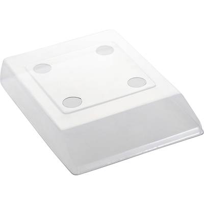Une couverture en plastique transparent avec quatre protubérances rondes aux coins. Utilisée pour couvrir des surfaces.