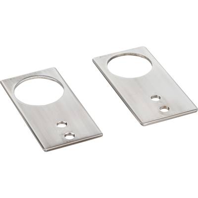 Deux plaques métalliques rectangulaires avec des trous ronds et plus petits, probablement des ferrures de porte, sur un fond blanc.