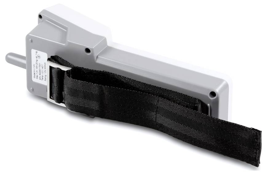 Appareil gris rectangulaire avec une sangle noire ajustable. L'appareil dispose d'une tige saillante à une extrémité.