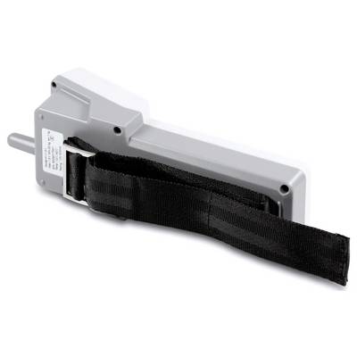 Appareil gris rectangulaire avec une sangle noire ajustable. L'appareil dispose d'une tige saillante à une extrémité.