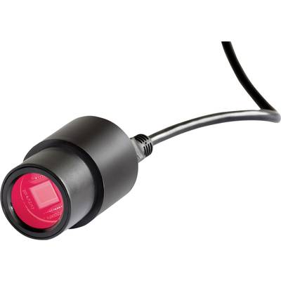 Une caméra industrielle noire avec un filtre rouge et un câble, utilisée pour le traitement d'image dans le domaine de l'automatisation.