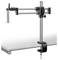 Système de support pour microscopes, fixé à une table. Comprend deux bras métalliques réglables et une pince robuste.