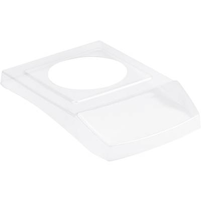 Pièce transparente en plastique avec une ouverture rectangulaire et circulaire dessus. Probablement un couvercle ou un capot pour un appareil.