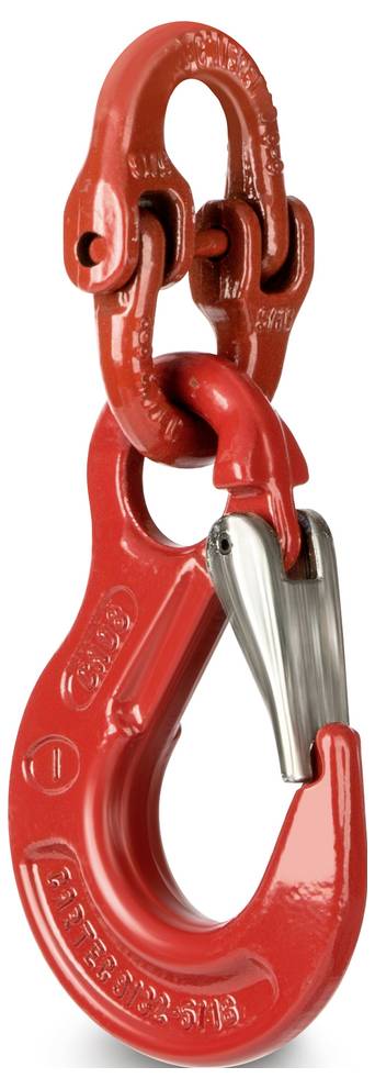 Un crochet de levage de sécurité en métal rouge avec un mécanisme de verrouillage, utilisé pour des opérations de levage sécurisées dans des applications industrielles.