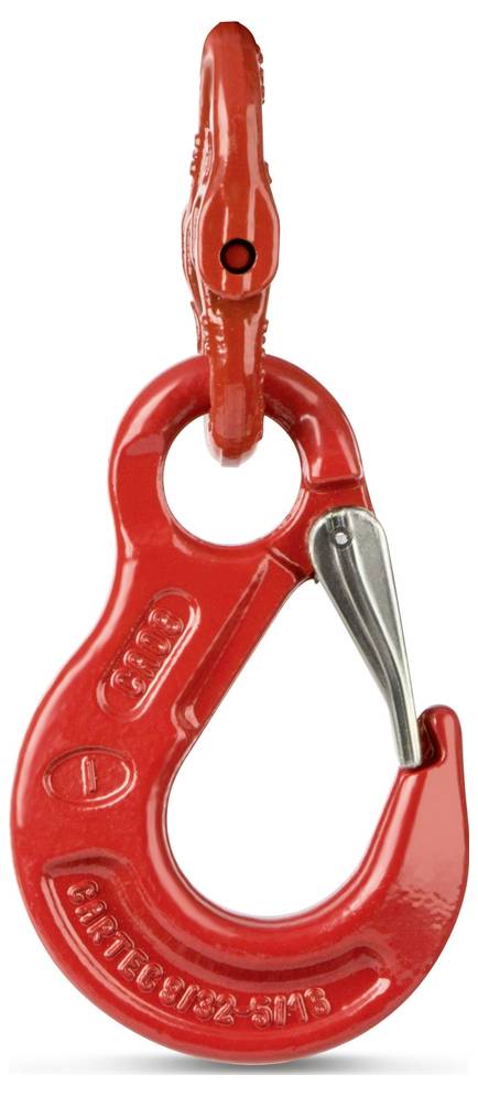 Un crochet de levage rouge avec dispositif de verrouillage de sécurité, adapté pour soulever des charges lourdes ; gravé du logo du fabricant et doté d'un indicateur de capacité de charge.