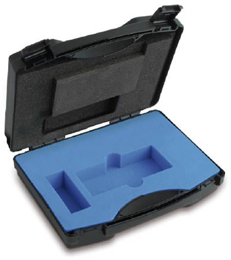 Mallette noire en plastique ouverte avec un intérieur en mousse bleue moulée, conçue pour maintenir des objets spécifiques en place.