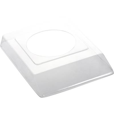 Un couvercle en plastique transparent, carré, avec une surface circulaire surélevée au centre.