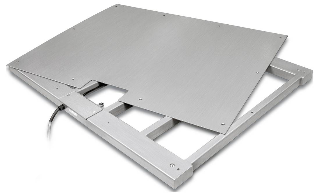 Une plateforme métallique plate et rectangulaire avec raccordement de câble. Adaptée aux applications industrielles ou commerciales telles que les systèmes de pesage.