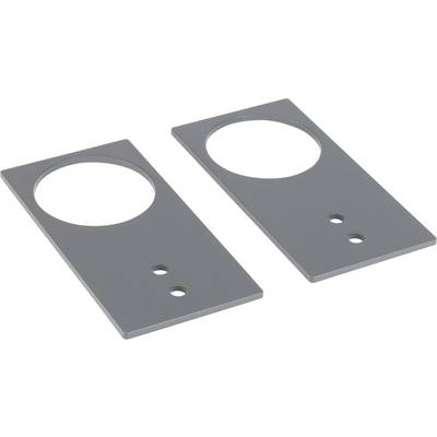 Deux plaques rectangulaires grises en métal, chacune avec une grande découpe circulaire et deux petits trous en dessous.