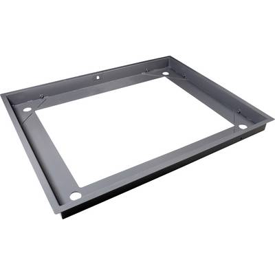 Plaque métallique grise rectangulaire avec de grands trous ronds aux coins, découpée au centre, adaptée pour des applications de montage.