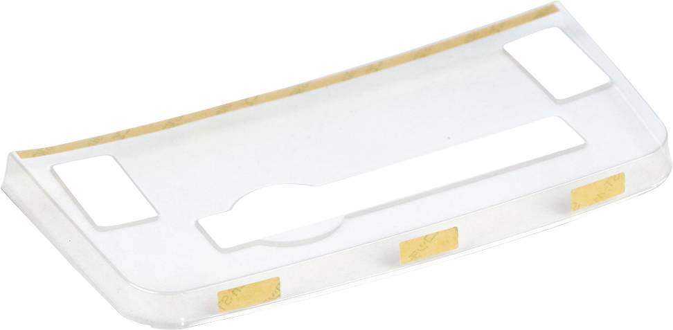 Support en plastique transparent avec plusieurs découpes rectangulaires et des bandes jaunes collées en haut et en bas.
