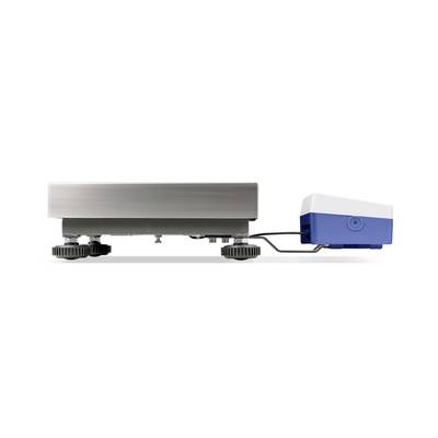 Balance électronique vue de côté avec un module bleu connecté, illustrant la précision technique et la fonctionnalité.