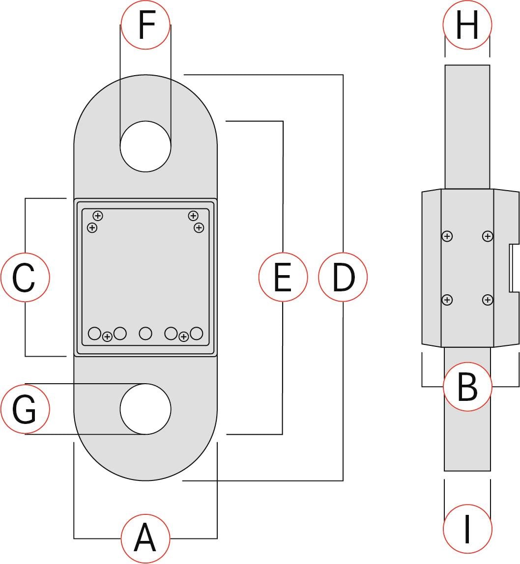 Diagramme d'un boulon avec des étiquettes de A à I, montrant les vues de face et de côté. Section centrale avec des trous de fixation.