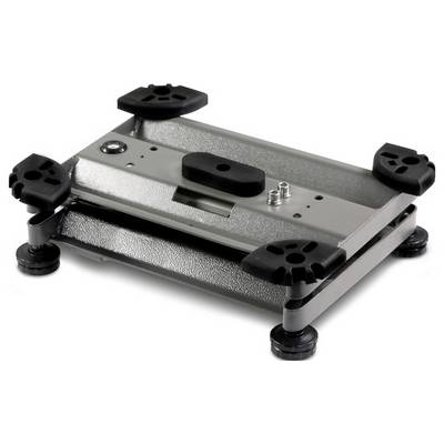 Un support métallique rectangulaire réglable avec quatre pieds antidérapants. Adapté pour le positionnement sécurisé d'équipements techniques.