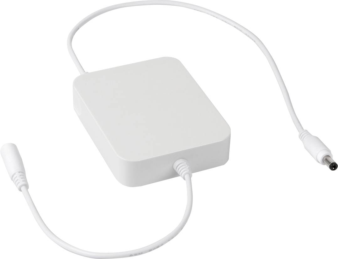 Un adaptateur rectangulaire blanc avec deux câbles connectés.