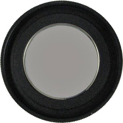 Filtre de caméra noir avec du verre rond au centre, sur un fond gris.